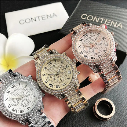 2024 Gold Watch Women Luxury Brand New Geneva Ladies Quartz-Watch Gifts For Girl Full Stainless Steel Rhinestone Wrist Watches