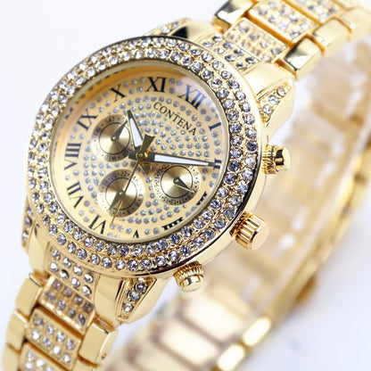 2024 Gold Watch Women Luxury Brand New Geneva Ladies Quartz-Watch Gifts For Girl Full Stainless Steel Rhinestone Wrist Watches