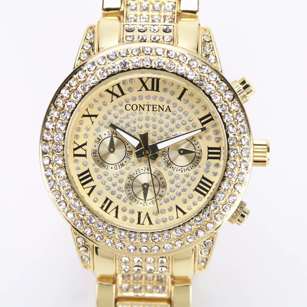 2024 Gold Watch Women Luxury Brand New Geneva Ladies Quartz-Watch Gifts For Girl Full Stainless Steel Rhinestone Wrist Watches