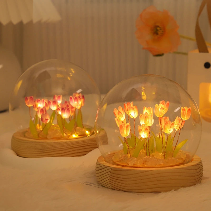 Artificial Tulip Flower Night Light Ornaments Handmade DIY Bedside Lamp LED Night Lamp Bedroom Decor Birthday Gifts Table Lamp