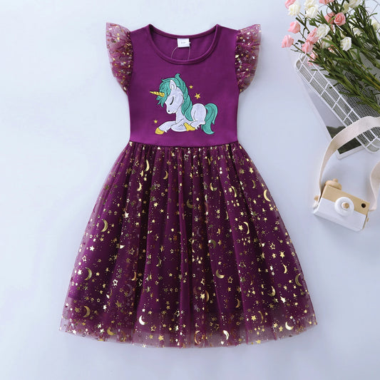 Summer New Girl's Cotton Unicorn Embroidered Mesh Spliced Sleeveless Dress SH1701