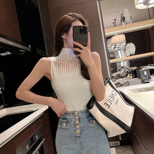 Women Knitting Tank Tops Sleeveless Corset Top 2023 Autumn Winter Vest Half Turtleneck T-Shirt Female Cropped Top Clothing