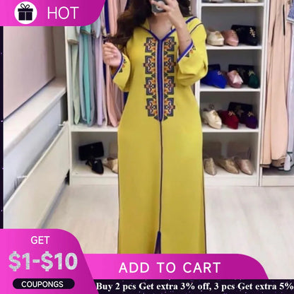 Abaya for Women Ramadan Islamic V-neck Jellaba Women Robe Long Sleeves Yellow Loose Abaya Dress Fashion Arabic Dubai Clothing