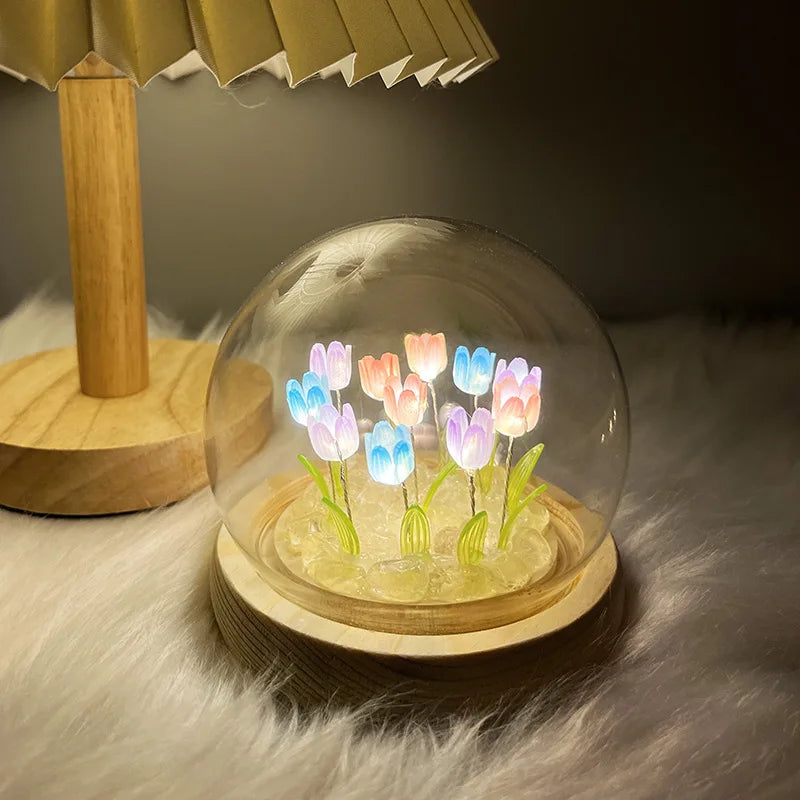 Artificial Tulip Flower Night Light Ornaments Handmade DIY Bedside Lamp LED Night Lamp Bedroom Decor Birthday Gifts Table Lamp