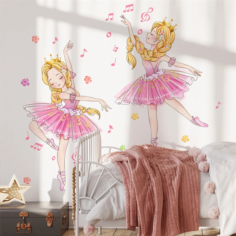 Princess and Swan Wall Stickers for Kids Rooms Girls Cute Ballet Dancer Flower Butterfly Wallpaper Nursery Baby Room Decoration