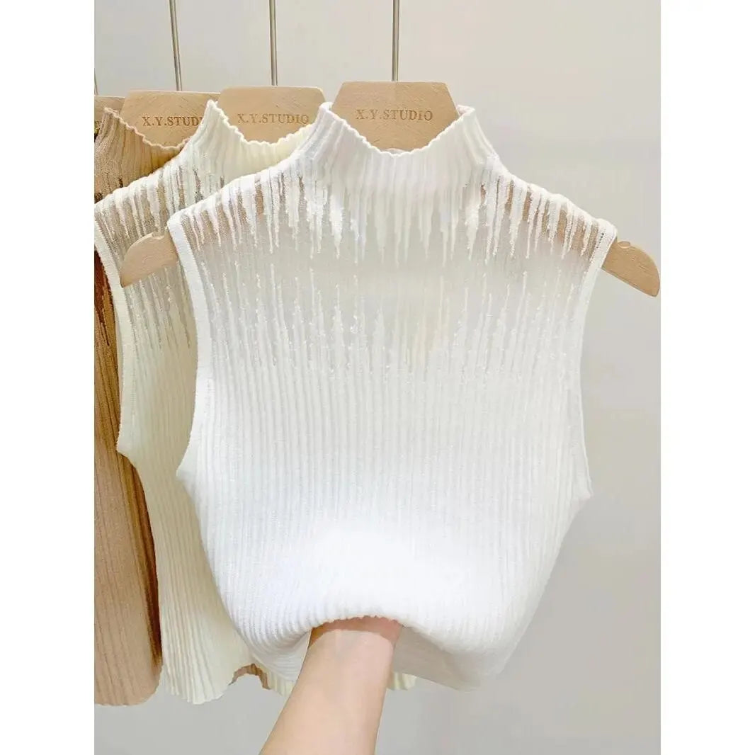 Women Knitting Tank Tops Sleeveless Corset Top 2023 Autumn Winter Vest Half Turtleneck T-Shirt Female Cropped Top Clothing