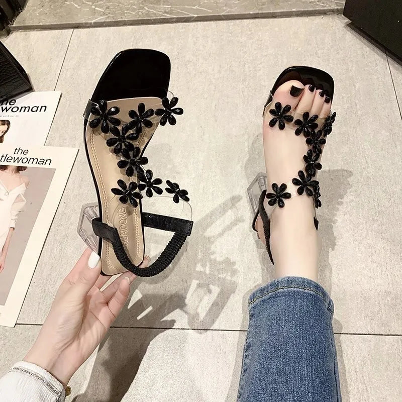 Summer Women Sandals Pvc Crystal Flower Decoration Chunky Heel Peep Toe Back Strap Elastic Band Elegant Fashion Shoes Ladies