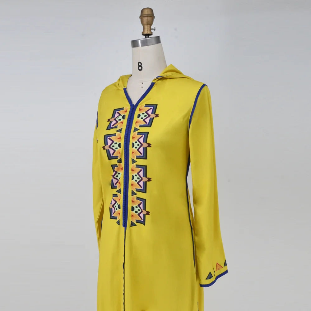 Abaya for Women Ramadan Islamic V-neck Jellaba Women Robe Long Sleeves Yellow Loose Abaya Dress Fashion Arabic Dubai Clothing