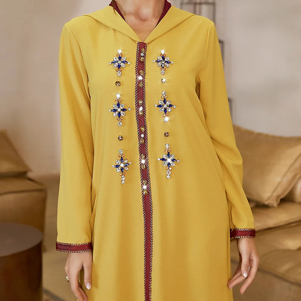 Abaya for Women Ramadan Islamic V-neck Jellaba Women Robe Long Sleeves Yellow Loose Abaya Dress Fashion Arabic Dubai Clothing