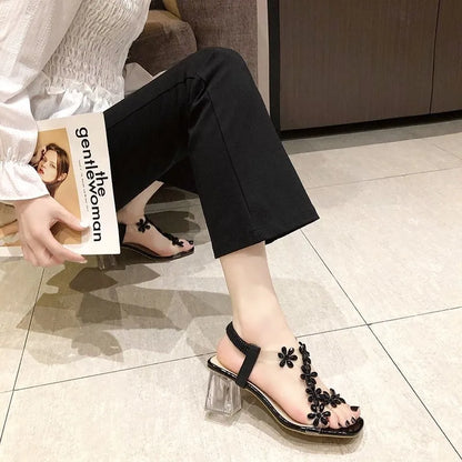 Summer Women Sandals Pvc Crystal Flower Decoration Chunky Heel Peep Toe Back Strap Elastic Band Elegant Fashion Shoes Ladies