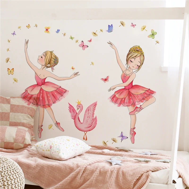 Princess and Swan Wall Stickers for Kids Rooms Girls Cute Ballet Dancer Flower Butterfly Wallpaper Nursery Baby Room Decoration