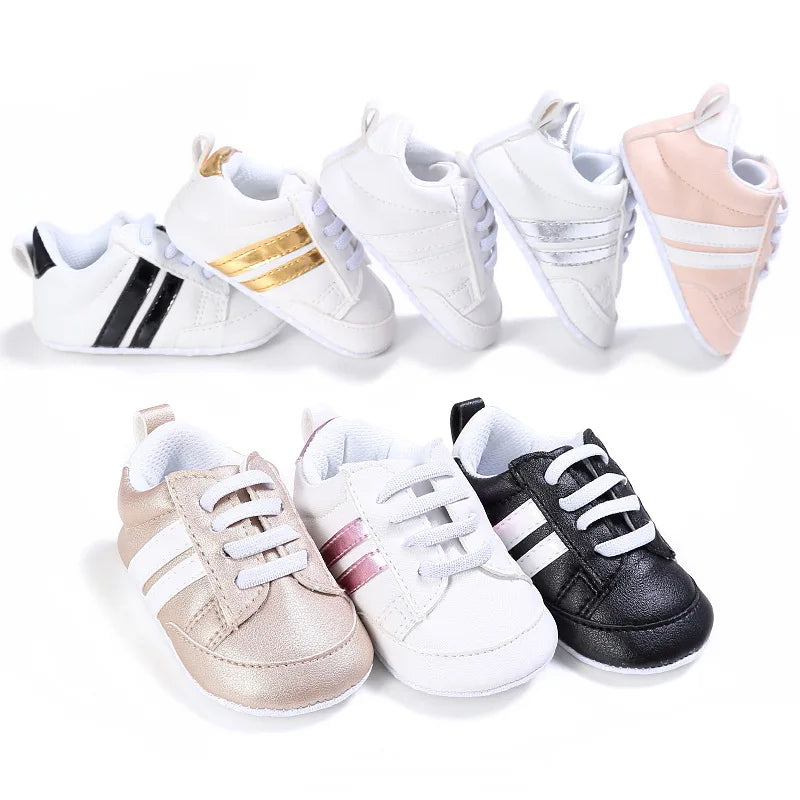 Newborn Baby Boys Shoes for 1 Year Footwear with Striped Infant Casual PU Leather Toddler Soft Sole Girls Sneakers First Walkers