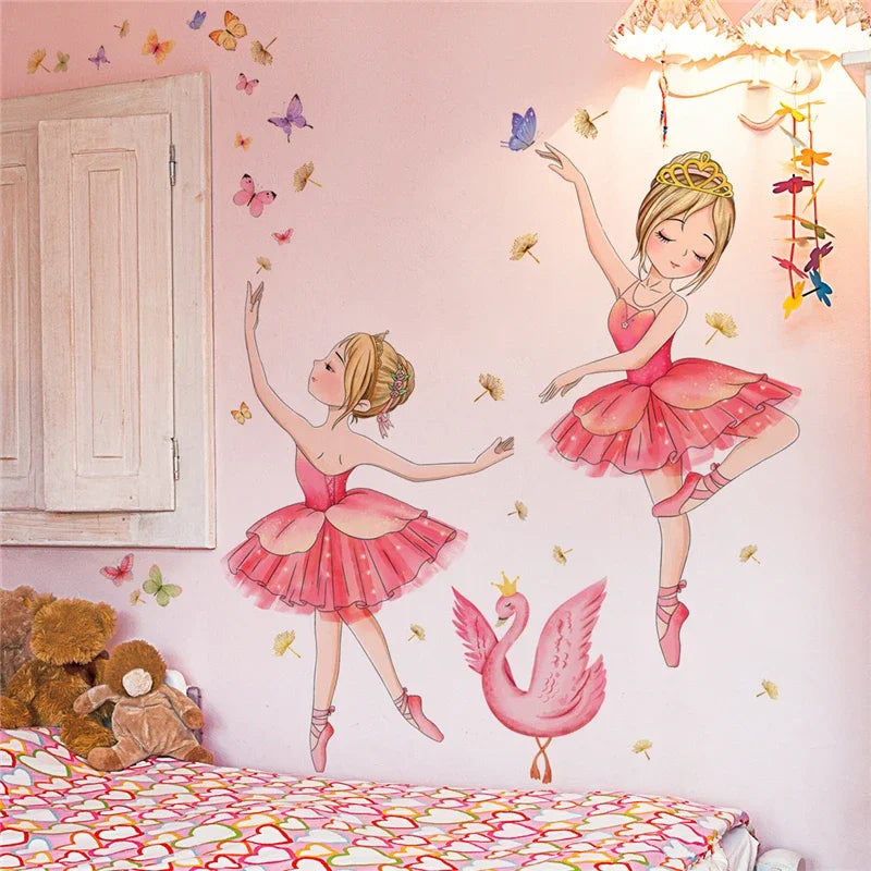 Princess and Swan Wall Stickers for Kids Rooms Girls Cute Ballet Dancer Flower Butterfly Wallpaper Nursery Baby Room Decoration