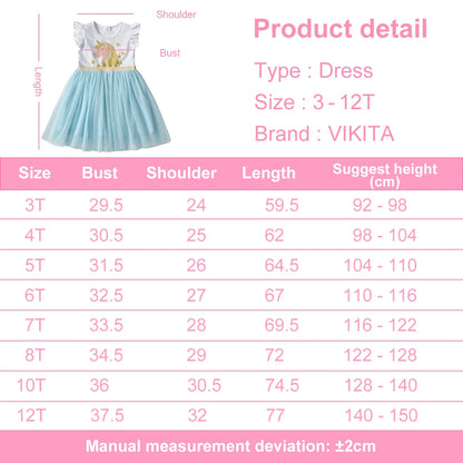 VIKITA Girls Flare Sleeve Summer Dress Kids Unicorn Print Patchwork Dress Girl Casual Mesh Tulle Princess Vestidos Kids Clothing