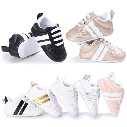 Newborn Baby Boys Shoes for 1 Year Footwear with Striped Infant Casual PU Leather Toddler Soft Sole Girls Sneakers First Walkers