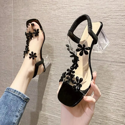 Summer Women Sandals Pvc Crystal Flower Decoration Chunky Heel Peep Toe Back Strap Elastic Band Elegant Fashion Shoes Ladies