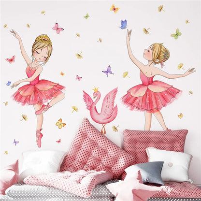 Princess and Swan Wall Stickers for Kids Rooms Girls Cute Ballet Dancer Flower Butterfly Wallpaper Nursery Baby Room Decoration