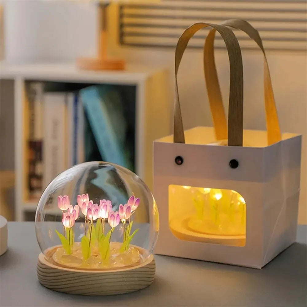 Artificial Tulip Flower Night Light Ornaments Handmade DIY Bedside Lamp LED Night Lamp Bedroom Decor Birthday Gifts Table Lamp