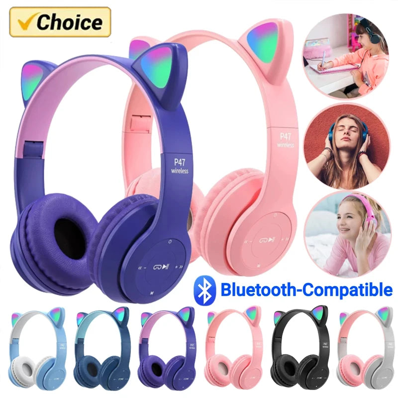 P47M Wireless Headphone Flash Light Cute Cat Ears Fone with Mic Control LED Stereo Music Helmet Phone Bluetooth Headset Gift