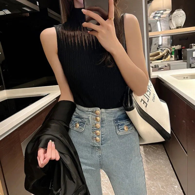 Women Knitting Tank Tops Sleeveless Corset Top 2023 Autumn Winter Vest Half Turtleneck T-Shirt Female Cropped Top Clothing