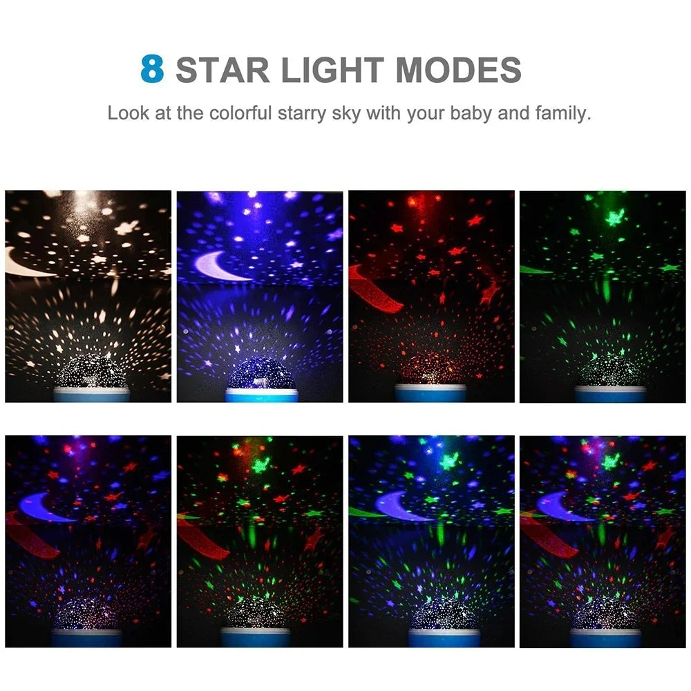 WooodPow Stars Starry Sky LED Night Light Star Moon Light Rotating Projector Lamp AA Battery/USB Powered DC 5V for Kids Bedroom