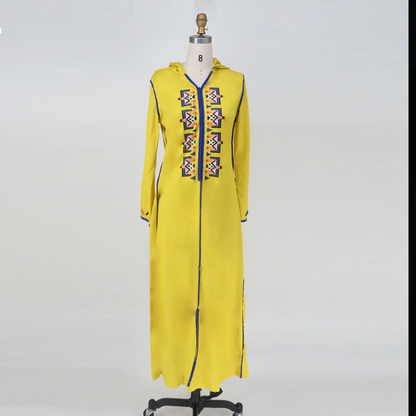 Abaya for Women Ramadan Islamic V-neck Jellaba Women Robe Long Sleeves Yellow Loose Abaya Dress Fashion Arabic Dubai Clothing