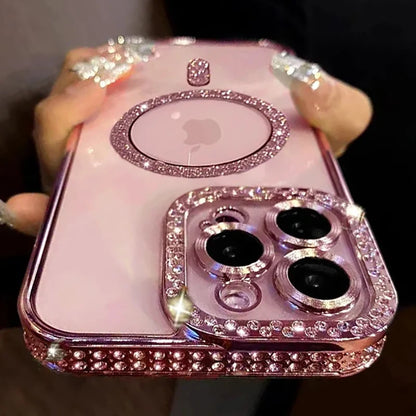 2024 New Fashion Glitter Diamond Transparent Case For iPhone 15  14 Plus 13 12 11 Pro Max Magnetic Wireless Charge Bumper Cover