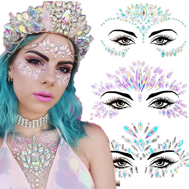 3D Sexy Face Tattoo Stickers Temporary Tattoos Glitter Fake Tattoo Rhinestones Masquerade for Women Party Face Jewels Tattoo