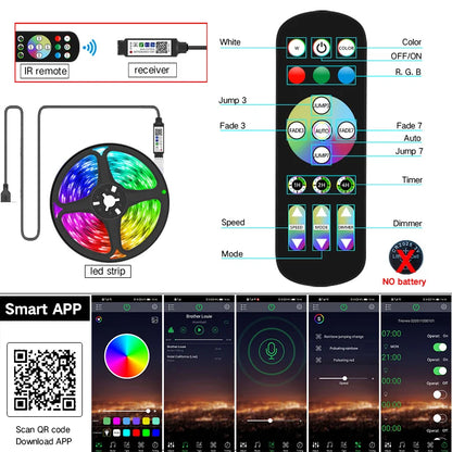 1M-30M USB LED Strip Light Bluetooth RGB 5050 5V RGB Lights Flexible LED Lamp Tape Ribbon TV Desktop Screen BackLight Diode Tape