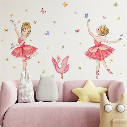 Princess and Swan Wall Stickers for Kids Rooms Girls Cute Ballet Dancer Flower Butterfly Wallpaper Nursery Baby Room Decoration