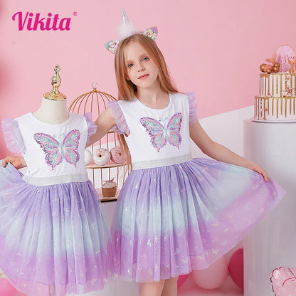 VIKITA Girls Summer Dress Butterfly Sequins Kids Flare Sleeve Gradient Dresses Baby Girl Princess Party Clothes Birthday Dresses