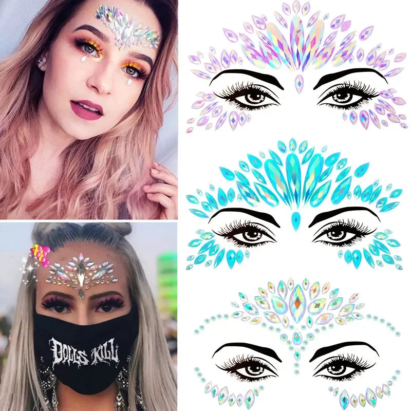 3D Sexy Face Tattoo Stickers Temporary Tattoos Glitter Fake Tattoo Rhinestones Masquerade for Women Party Face Jewels Tattoo