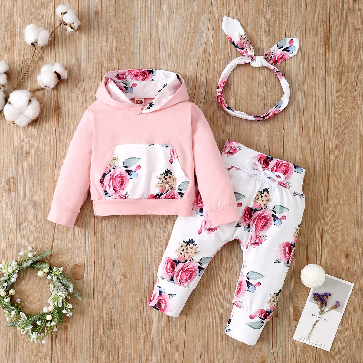 0-24 Months Newborn Baby Girl Floral Clothes Set Hooded Printed Top + Pant + Headband 3pcs Autumn & Winter Toddler Girl Outfit