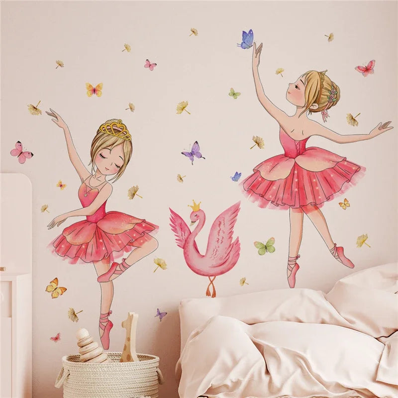 Princess and Swan Wall Stickers for Kids Rooms Girls Cute Ballet Dancer Flower Butterfly Wallpaper Nursery Baby Room Decoration