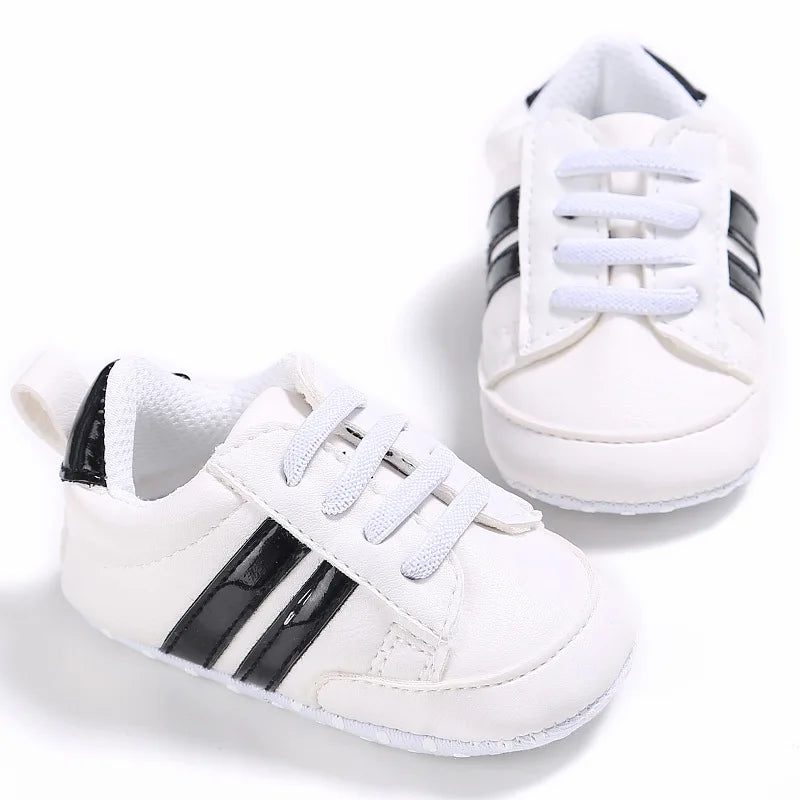 Newborn Baby Boys Shoes for 1 Year Footwear with Striped Infant Casual PU Leather Toddler Soft Sole Girls Sneakers First Walkers