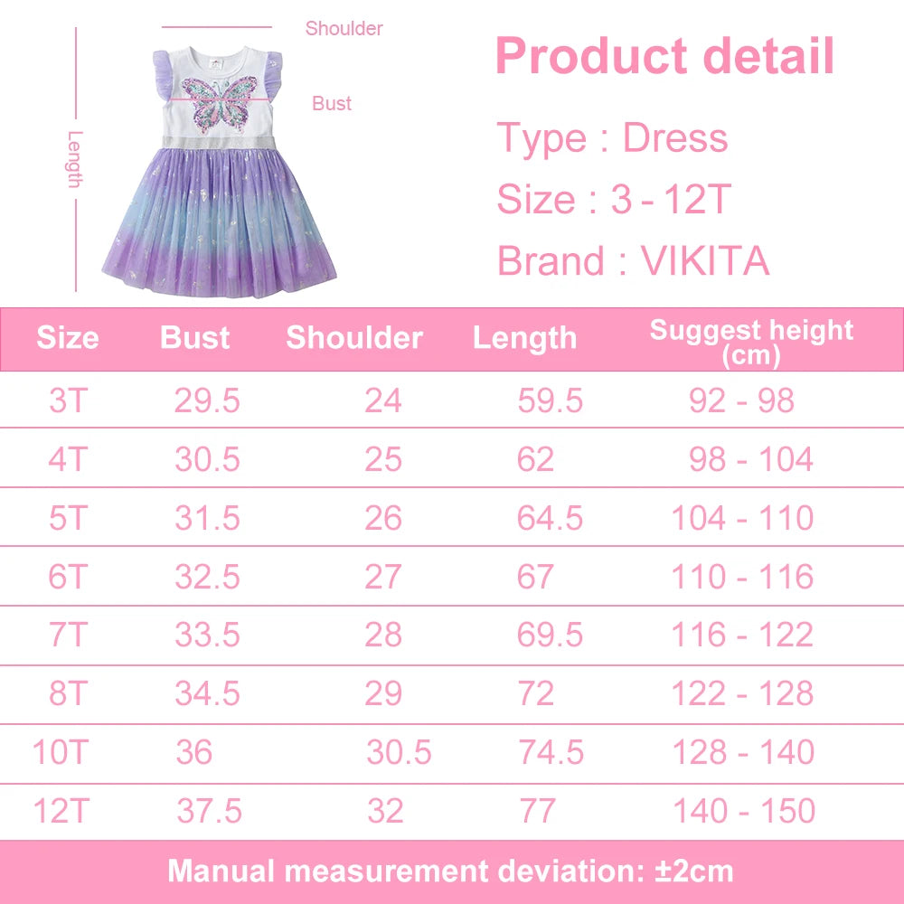 VIKITA Girls Summer Dress Butterfly Sequins Kids Flare Sleeve Gradient Dresses Baby Girl Princess Party Clothes Birthday Dresses