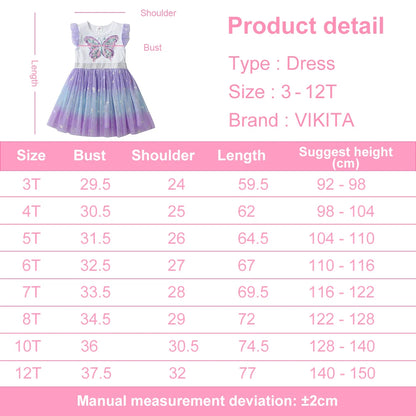 VIKITA Girls Summer Dress Butterfly Sequins Kids Flare Sleeve Gradient Dresses Baby Girl Princess Party Clothes Birthday Dresses